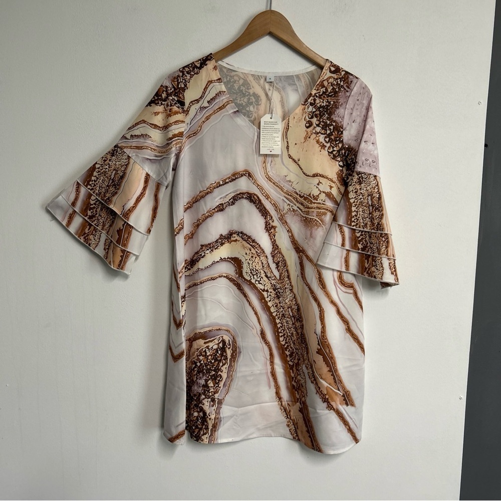 NWT Women's Small Artsy‎ Tunic Mini Dress Abstract Print Bell Sleeve Boho Retro